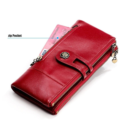 women's leather wallet, anti-skimming wallet, retro style wallet, Korean fashion wallet, long wallet for women, ladies accessory, RFID blocking wallet, genuine leather clutch - Green - Size L