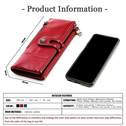 women's leather wallet, anti-skimming wallet, retro style wallet, Korean fashion wallet, long wallet for women, ladies accessory, RFID blocking wallet, genuine leather clutch - Red - Size L