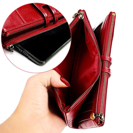 women's leather wallet, anti-skimming wallet, retro style wallet, Korean fashion wallet, long wallet for women, ladies accessory, RFID blocking wallet, genuine leather clutch - Red - Size L