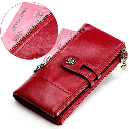 women's leather wallet, anti-skimming wallet, retro style wallet, Korean fashion wallet, long wallet for women, ladies accessory, RFID blocking wallet, genuine leather clutch - Red - Size L