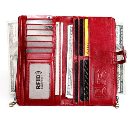 women's leather wallet, anti-skimming wallet, retro style wallet, Korean fashion wallet, long wallet for women, ladies accessory, RFID blocking wallet, genuine leather clutch - Red - Size L