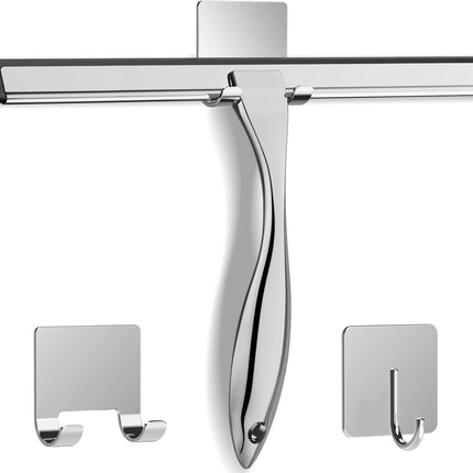 Multipurpose Stainless Steel Shower Scraper for Shower Door with 2 Adhesive Hooks, Bathroom Cleaning Tools Home Window Mirror Scraper for Home Cleaning, Glass Door, Tile Wall, Car, 12 Inch Silver