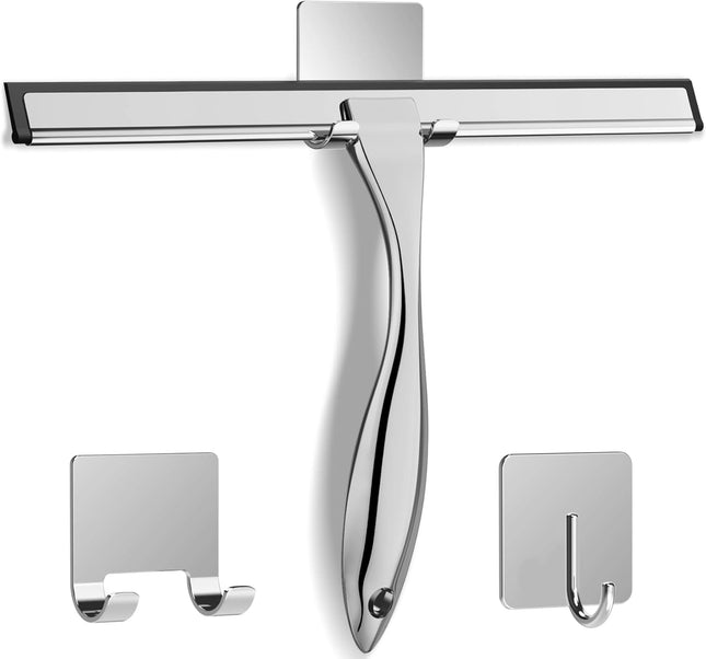 Multipurpose Stainless Steel Shower Scraper for Shower Door with 2 Adhesive Hooks Bathroom Cleaning