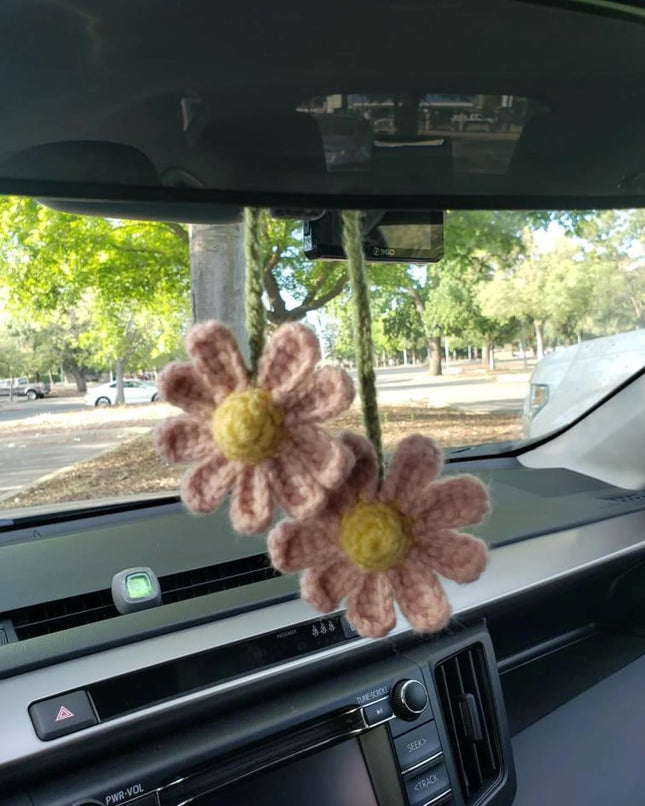 Women's Crochet Daisies Car Accessories Cute Rearview Mirror Pendants Handmade Daisy Flower Gifts Crochet