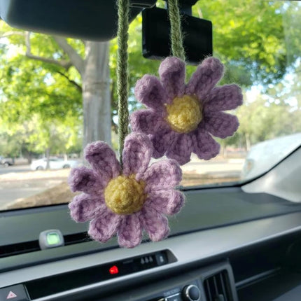 Crochet Daisy Auto Parts Women Cute Rearview Mirror Charm Crafted Daisy Flower Gift Crochet Lovers Car Decoration Car Interior Aesthetics (Purple)