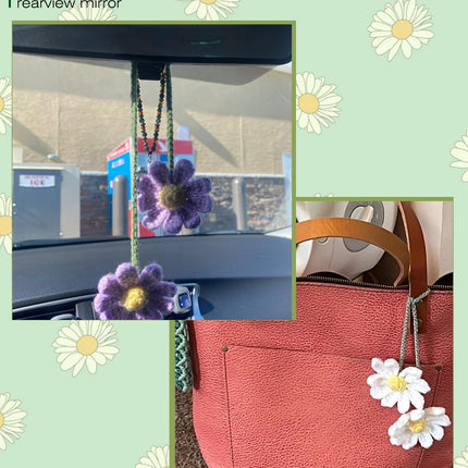 Crochet Daisy Auto Parts Women Cute Rearview Mirror Charm Crafted Daisy Flower Gift Crochet Lovers Car Decoration Car Interior Aesthetics (Purple)