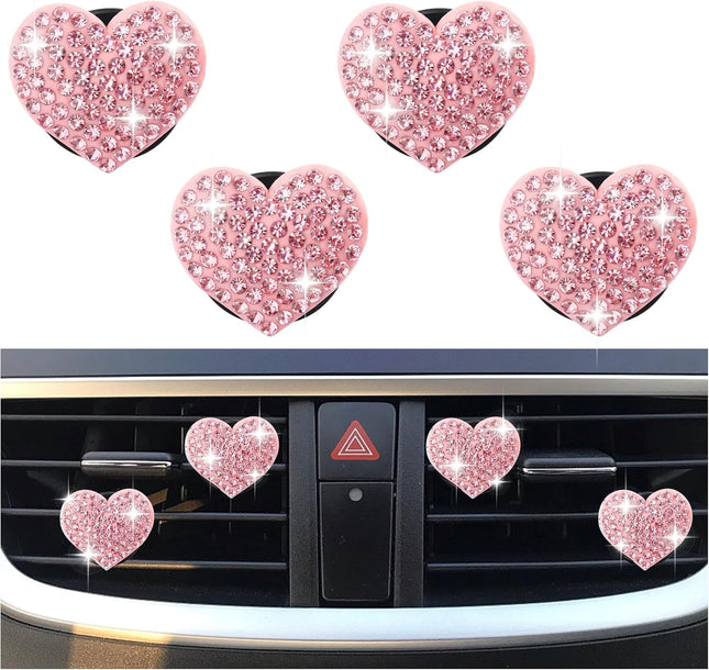 4PCS Heart-Shaped Car Vent Clips with Rhinestone Bling Air Vent Clips Car Decorations Premium Shiny Car
