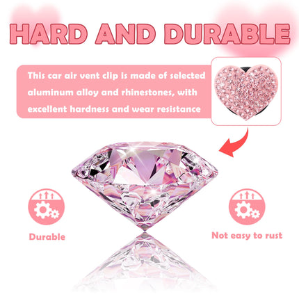 4PCS Heart-Shaped Car Vent Clips with Rhinestone,Bling Air Vent Clips Car Decorations,Premium Shiny Car Clips for Vents CCar Accessories Interior for Cars,Trucks,SUVs (Pink)