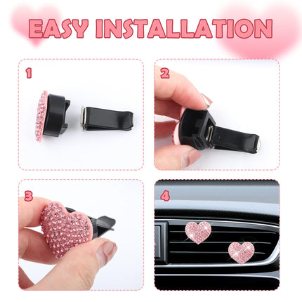 4PCS Heart-Shaped Car Vent Clips with Rhinestone,Bling Air Vent Clips Car Decorations,Premium Shiny Car Clips for Vents CCar Accessories Interior for Cars,Trucks,SUVs (Pink)