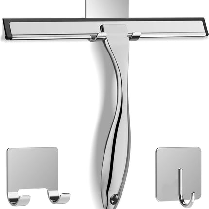 Multipurpose Stainless Steel Shower Scraper for Shower Door with 2 Adhesive Hooks, Bathroom Cleaning Tools Home Window Mirror Scraper for Home Cleaning, Glass Door, Tile Wall, Car, 14 Inch Silver