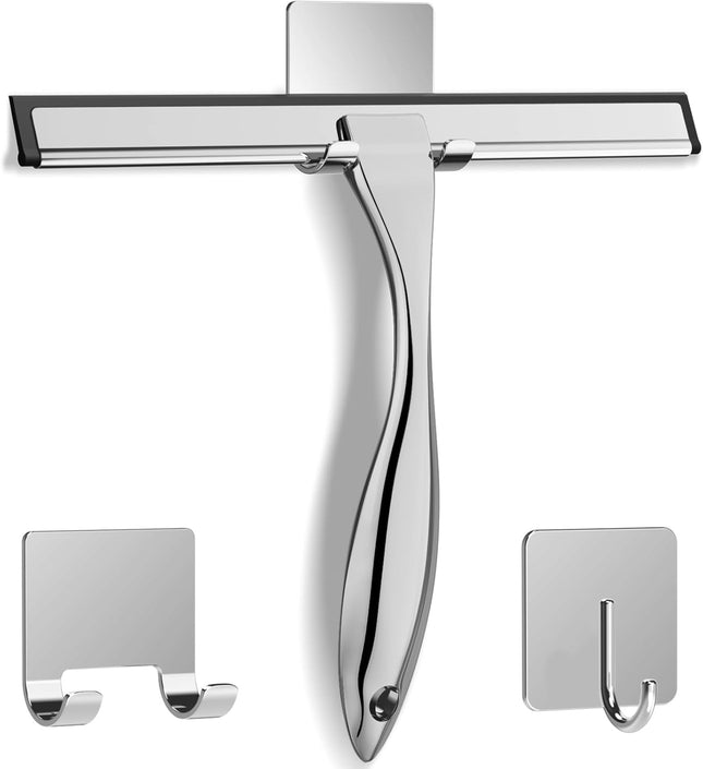 Multipurpose Stainless Steel Shower Scraper for Shower Door with 2 Adhesive Hooks Bathroom Cleaning