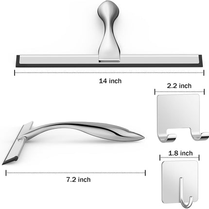 Multipurpose Stainless Steel Shower Scraper for Shower Door with 2 Adhesive Hooks, Bathroom Cleaning Tools Home Window Mirror Scraper for Home Cleaning, Glass Door, Tile Wall, Car, 14 Inch Silver