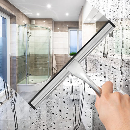 Multipurpose Stainless Steel Shower Scraper for Shower Door with 2 Adhesive Hooks, Bathroom Cleaning Tools Home Window Mirror Scraper for Home Cleaning, Glass Door, Tile Wall, Car, 14 Inch Silver
