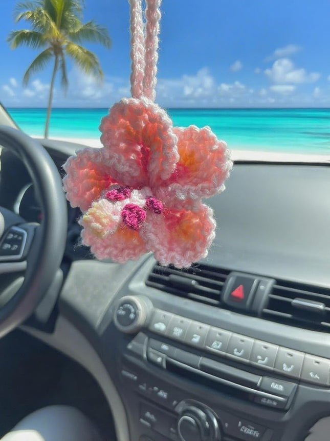 Hibiscus Car Ornaments Crochet Hawaiian Tropical Flower Bag Charms Decoration Car Mirror Beach Accessories