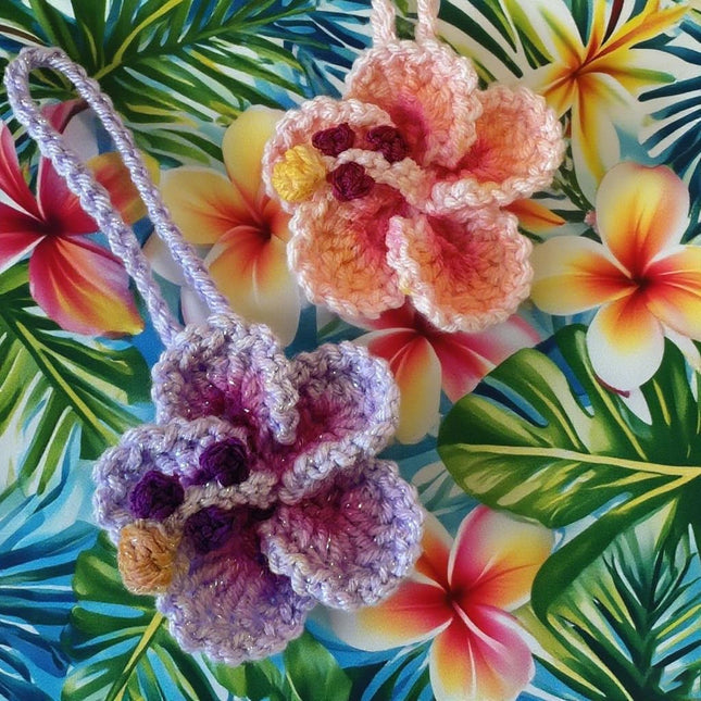 Hibiscus Car Ornaments Crochet Hawaiian Tropical Flower Bag Charms Decoration Car Mirror Beach Accessories – product detail