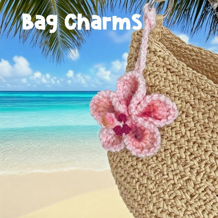 Hibiscus Car Ornaments, Crochet Hawaiian Tropical Flower Bag Charms Decoration Car Mirror Beach Accessories (Pink)