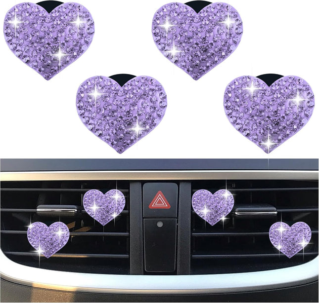 4PCS Heart-Shaped Car Vent Clips with Rhinestone Bling Air Vent Clips Car Decorations Premium Shiny Car