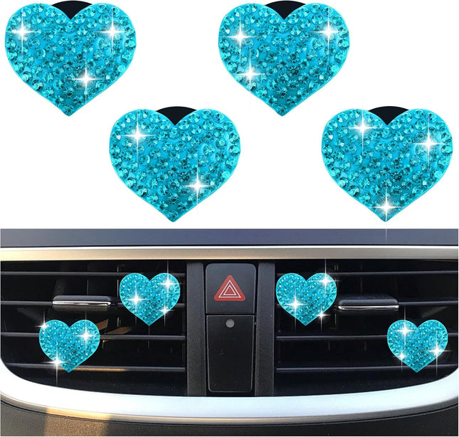 4PCS Heart-Shaped Car Vent Clips with Rhinestone Bling Air Vent Clips Car Decorations Premium Shiny Car