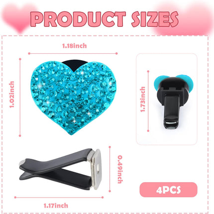 4PCS Heart-Shaped Car Vent Clips with Rhinestone,Bling Air Vent Clips Car Decorations,Premium Shiny Car Clips for Vents Accessories Interior (Lake Blue)
