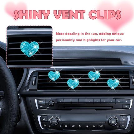 4PCS Heart-Shaped Car Vent Clips with Rhinestone,Bling Air Vent Clips Car Decorations,Premium Shiny Car Clips for Vents Accessories Interior (Lake Blue)