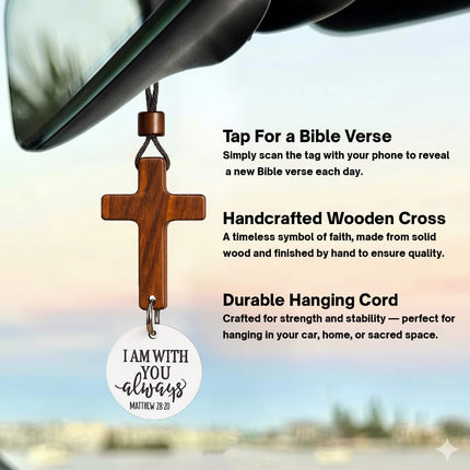 Daily Bible Verse Rearview Mirror Cross Ornament – Daily Scripture Car Pendant Cross with "I Am with You Always" Medallion (White)