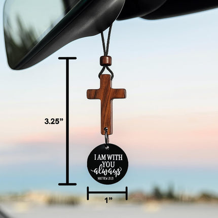 Daily Bible Verse Rearview Mirror Cross Ornament – Daily Scripture Car Hanging Cross with "I Am with You Always" Medallion (Black)