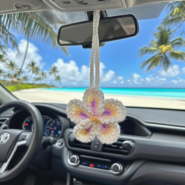 Hibiscus Car Ornaments Crochet Hawaiian Tropical Flower Bag Charms Decoration Car Mirror Beach Accessories