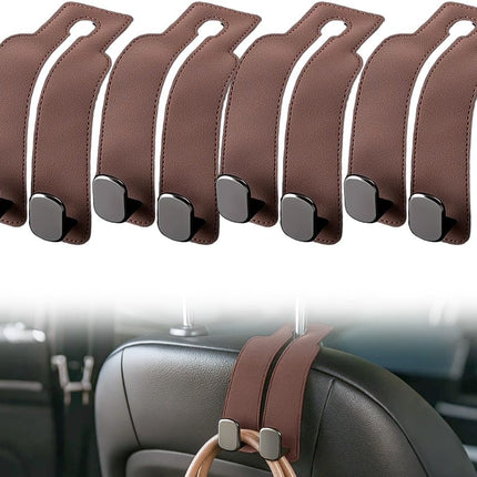 Headrest Hook for Car Seat Headrest, 2026 Wallet & Bag Hook Cute Car Wallet Holder, Double Hook Leather Car Headrest Hook Seat Back Storage Bag for Travel (Brown*4)