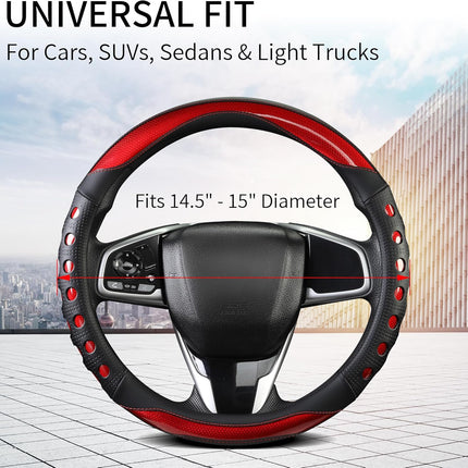 PU Leather Car Steering Wheel Cover with Non-Slip Grip, Suitable for Both Men and Women, Universal Fits 14.5-15 Inch Cars, Trucks, SUVs (Red (Round), Medium (Standard) Size [14 1/2-15 Inches])