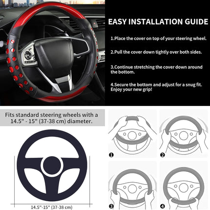 PU Leather Car Steering Wheel Cover with Non-Slip Grip, Suitable for Both Men and Women, Universal Fits 14.5-15 Inch Cars, Trucks, SUVs (Red (Round), Medium (Standard) Size [14 1/2-15 Inches])