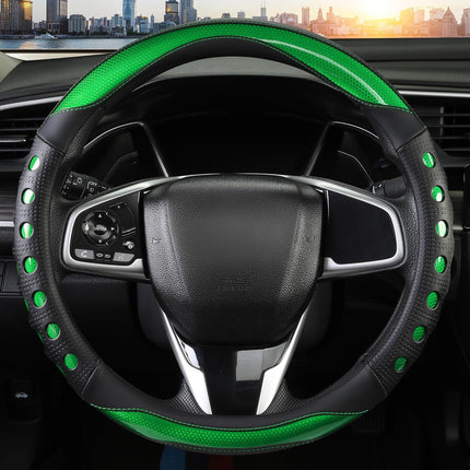 PU Leather Car Steering Wheel Sleeve with Non-Slip Grip, Suitable for Both Men and Women, Universal Fits 14.5-15 Inch Cars, Trucks, SUVs (Green (Round), Medium (Standard) Size [14 1/2-15 Inches]) )