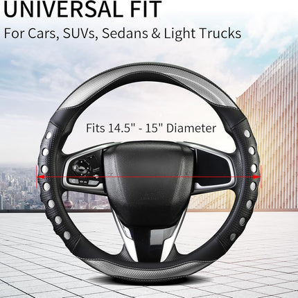 PU Leather Car Steering Wheel Cover with Non-Slip Grip, Suitable for Both Men and Women, Universal Fits 14.5-15 Inch Cars, Trucks, SUVs (Grey (Round), Medium (Standard) Size [14 1/2-15 Inches])