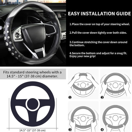 PU Leather Car Steering Wheel Cover with Non-Slip Grip, Suitable for Both Men and Women, Universal Fits 14.5-15 Inch Cars, Trucks, SUVs (Grey (Round), Medium (Standard) Size [14 1/2-15 Inches])