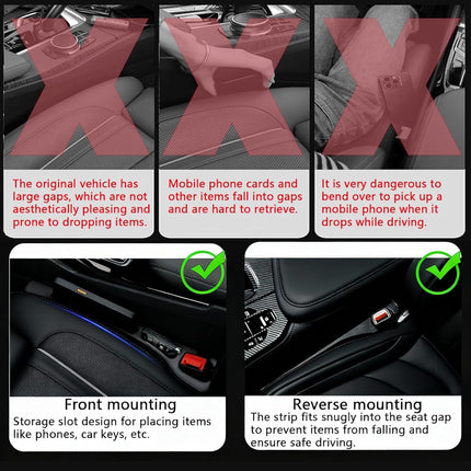Car Seat Crevice Fill Organizer 2 pcs - No Drop Seat Guard, General Automotive Seat Crevice Filler, Durable Non-Slip Material, Easy Installation in 10 Seconds, for Cars, Trucks & SUVs (Black)