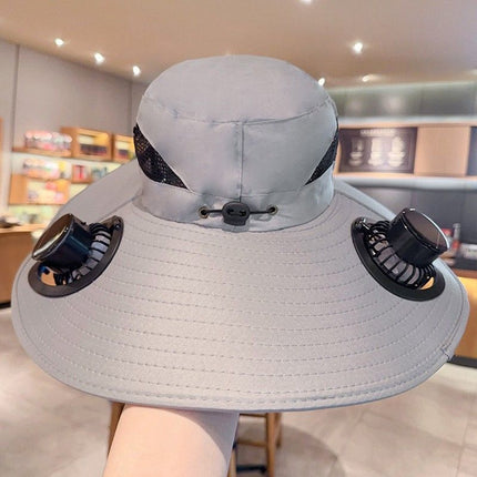 solar fan hat, solar powered hat, outdoor hat with fan, UV protection hat, wide brim hat, summer hat for hiking, fishing hat with fan, cooling hat for Australia - White - Size 2