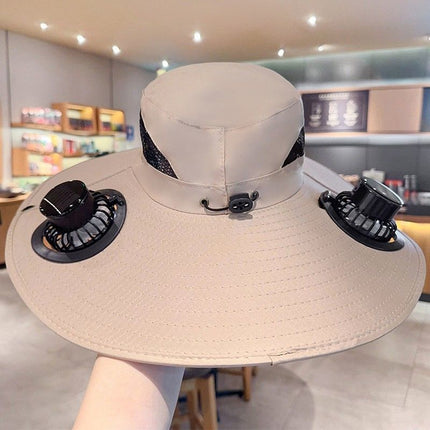 solar fan hat, solar powered hat, outdoor hat with fan, UV protection hat, wide brim hat, summer hat for hiking, fishing hat with fan, cooling hat for Australia - White - Size 5