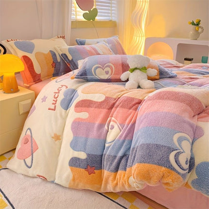 Lucky Heart-Shaped Bedding Set 3-Piece Bedding Heart Pattern Bedding Soft - Love - themed powder - Size 220*240cm