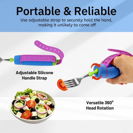 Adaptive Utensils for Disability, 360°Gadgets Swivel Fork Spoon with Adjustable Silicone Strap for Weak Hand Grip & Handicapped & Parkinsons Travel Eating Utensils for Disabled, Elderly - Blue / 2 Pack