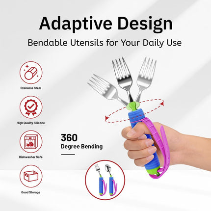 Adaptive Utensils for Disability, 360°Gadgets Swivel Fork Spoon with Adjustable Silicone Strap for Weak Hand Grip & Handicapped & Parkinsons Travel Eating Utensils for Disabled, Elderly - Blue / 2 Pack