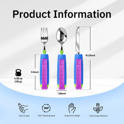 Adaptive Utensils for Disability, 360°Gadgets Swivel Fork Spoon with Adjustable Silicone Strap for Weak Hand Grip & Handicapped & Parkinsons Travel Eating Utensils for Disabled, Elderly - Blue / 3 Pack