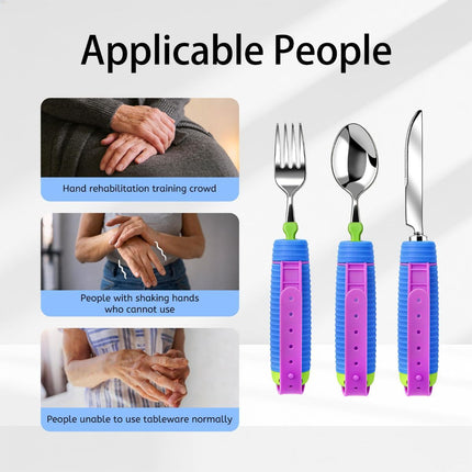 Adaptive Utensils for Disability, 360°Gadgets Swivel Fork Spoon with Adjustable Silicone Strap for Weak Hand Grip & Handicapped & Parkinsons Travel Eating Utensils for Disabled, Elderly - Blue / 3 Pack