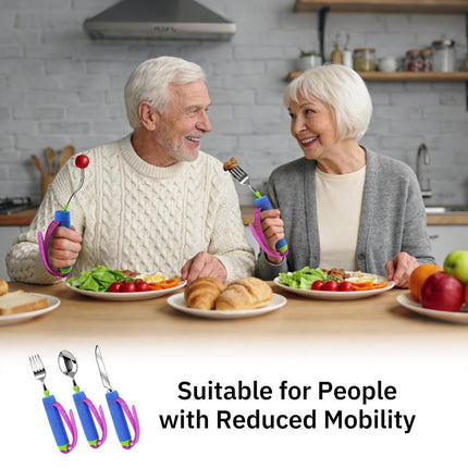 Adaptive Utensils for Disability, 360°Gadgets Swivel Fork Spoon with Adjustable Silicone Strap for Weak Hand Grip & Handicapped & Parkinsons Travel Eating Utensils for Disabled, Elderly - Blue / 3 Pack