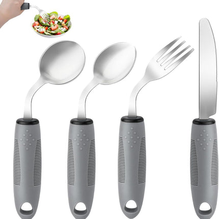 Weighted Adaptive Utensils, 4Pcs Weighted Utensils for Hand Tremors, 45°Angled Parkinsons Utensils for Elderly, 3.5oz Weighted Built Up Utensils for Adults, Disabled, Parkinson - Gray - Size Left-Handed