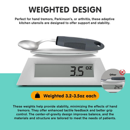 Weighted Adaptive Utensils, 4Pcs Weighted Utensils for Hand Tremors, 45°Angled Parkinsons Utensils for Elderly, 3.5oz Weighted Built Up Utensils for Adults, Disabled, Parkinson - Gray - Size Right-Handed