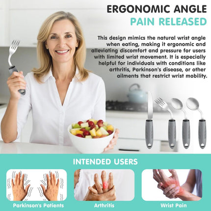 Weighted Adaptive Utensils, 4Pcs Weighted Utensils for Hand Tremors, 45°Angled Parkinsons Utensils for Elderly, 3.5oz Weighted Built Up Utensils for Adults, Disabled, Parkinson - Gray - Size Right-Handed