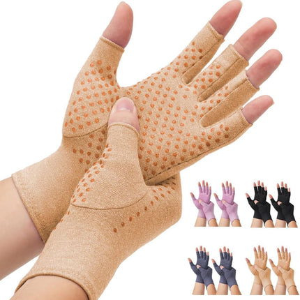 2-Pair Arthritis Compression Gloves- for Hand Arthritis, Carpal Tunnel Pain, Rheumatoid Arthritis, RSI, Fingerless, Anti-Slip, Breathable Gloves for Men & Women, Typing, Daily Use - Light Brown - Size S