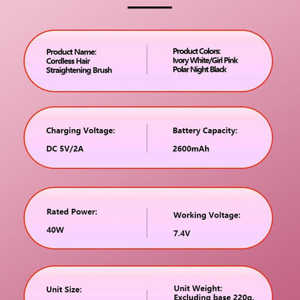 Cordless Hair Straightener Brush, Portable Mini Ionic Hair Straightener with Titanium Plates, USB Rechargeable Travel Straightening Comb for Short, Wavy Hair, Bangs & Quick Touch Ups - Pink - Size 205mm
