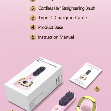 Cordless Hair Straightener Brush, Portable Mini Ionic Hair Straightener with Titanium Plates, USB Rechargeable Travel Straightening Comb for Short, Wavy Hair, Bangs & Quick Touch Ups - Pink - Size 205mm