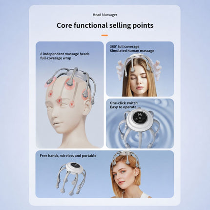 Smart Octopus Head Massager – 9 Modes, 360° Coverage, Wireless & Portable for Deep Relaxation - White