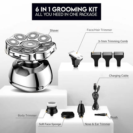 Head Shaver for Bald Men - 9D Waterproof Cordless Wet/Dry Skull & Bald Head Shaver with Rotary Blades - Grooming Kit with Electric Razor, Clippers, Nose/Ear Trimmer, Brush & Massager